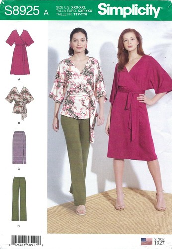 Simplicity S8925 Kimono Sleeve Wrap Dress & Top, Slim Skirt, Pants Sz 4-26 UNCUT - 第 1/5 張圖片