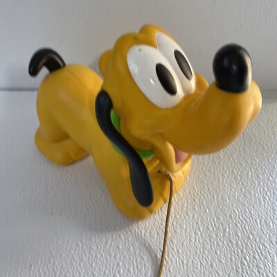Vintage Disney Pluto Pull Toy Yellow Plastic Rolling Dog Mickey Mouse Friends