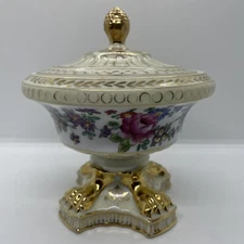 Vintage Exquisite Compote With Lid Hand Painted Floral Design With Gold Work.