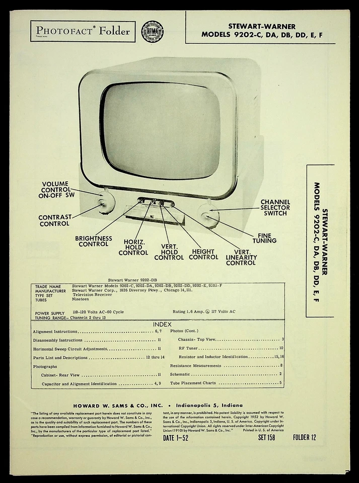 1952 Photofact обслуживание руководство схема Stewart-Warner 9202-C до F 062424WNON-40 - Изображение 2 из 3