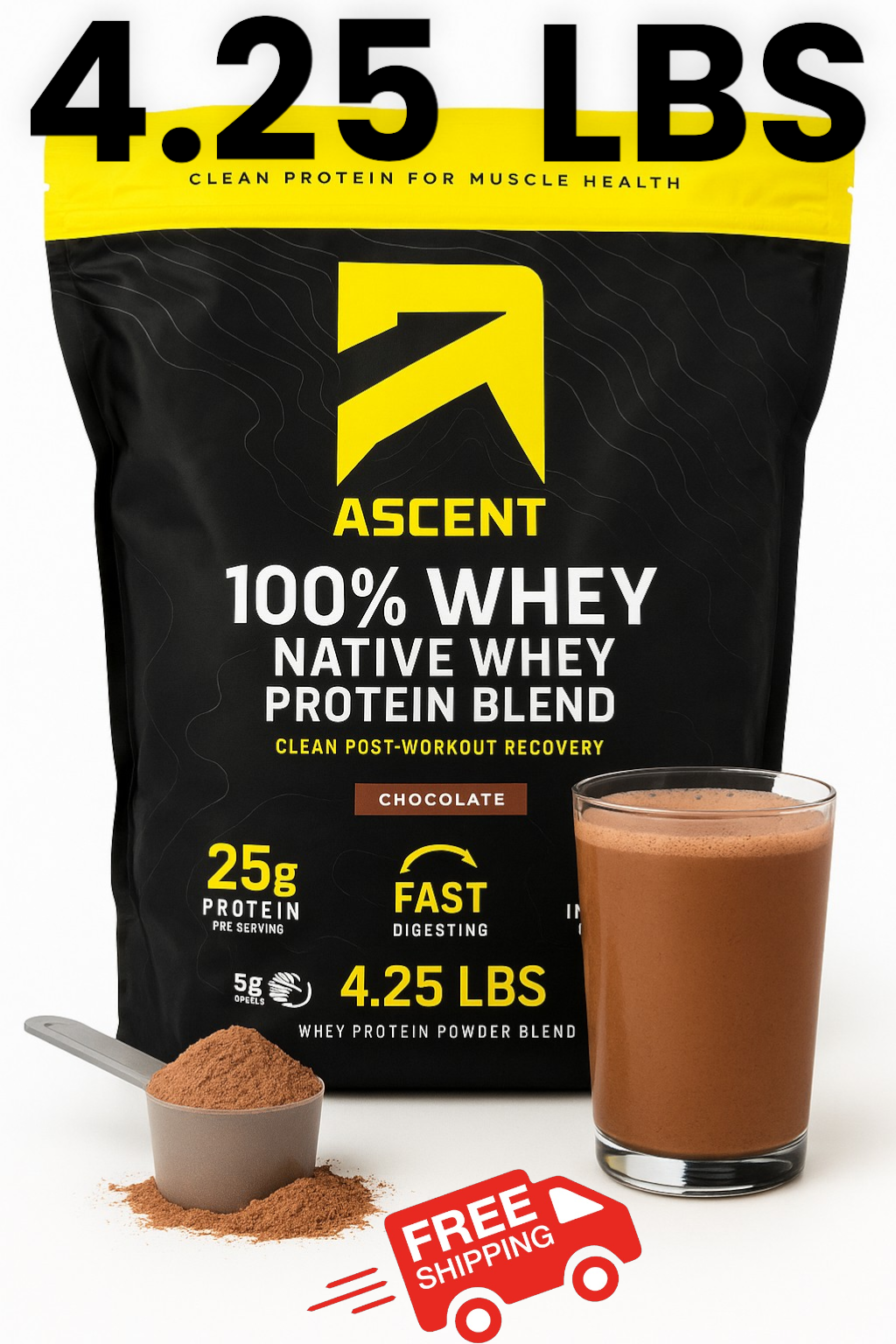 Ascent 100% Native Whey Protein Chocolate 4.25 LB 58 Servings Post-Workout Muscle Recovery