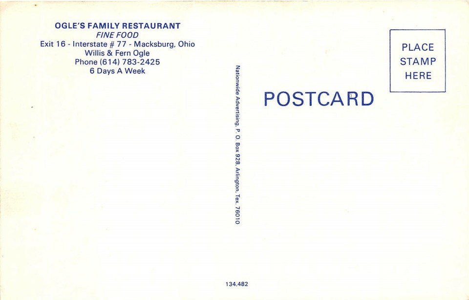 Macksburg Ohio 1960s Postcard Ogle's Family Restaurant eBay