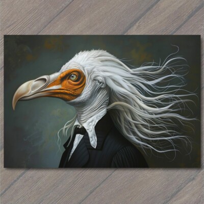 POSTCARD Vulture Bird Humanized Suit Jacket Weird Hair Bizarre Beak Unusual Fun
