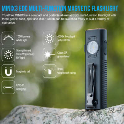 Trustfire X3 EDC Flashlight 1050LM Magnet Flat Torch with 365nm UV Light & Laser