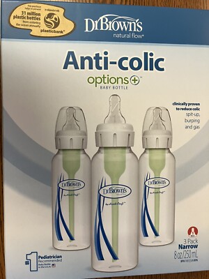 Dr. Brown's Options+3 Anti-Colic Baby Bottles, CLEAR 8Oz 0 Months+ Level 1  