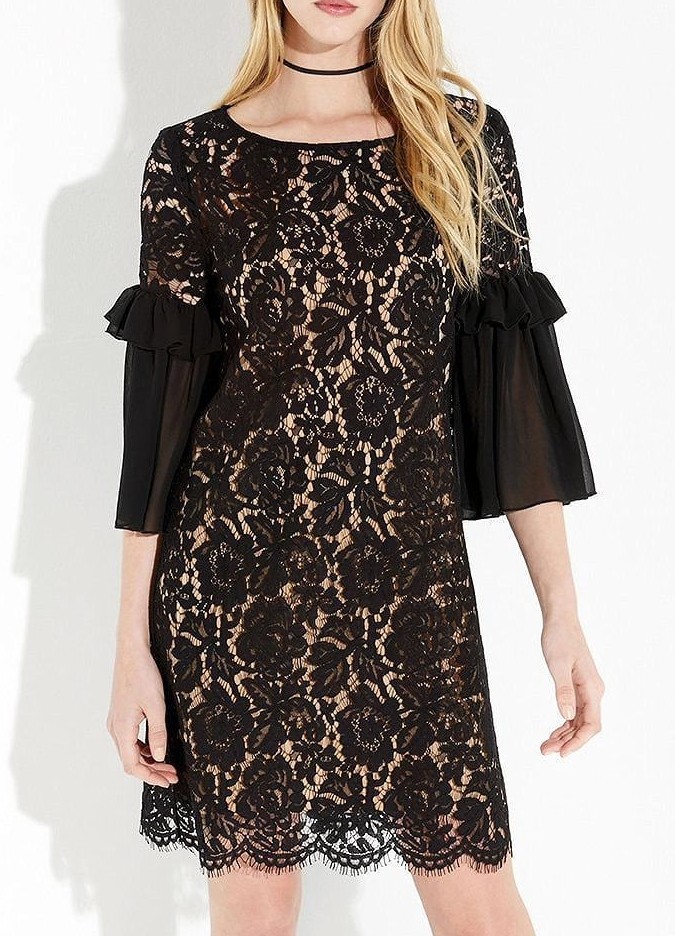 Karen Kane Ruffle Sleeve Lace Women's Dress Black/Nude : XS Karen Kane Ruffle Sleeve Lace Women's Dress Black/Nude : XS