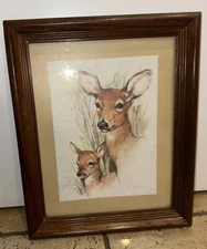 Vintage Framed Print Paul Whitney Hunter Deer Fawn Doe Matted Under Glass
