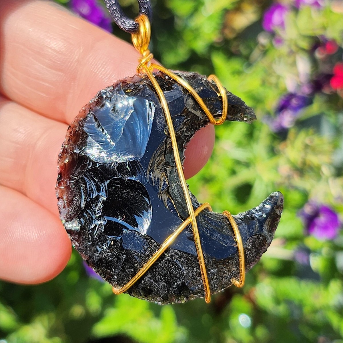 Moon Pendant Necklace Obsidian Lava Glass Crystal Gemstone