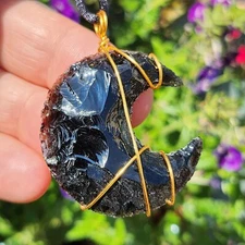 Moon Pendant Necklace Obsidian Lava Glass Crystal Gemstone Protection Jewellery