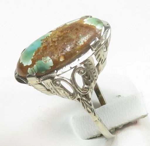 Antiguo anillo de oro blanco de 14 quilates turquesa de 1920 tamaño 5,75 UK-L 5,28 quilates Art Deco Foto 4 de 4
