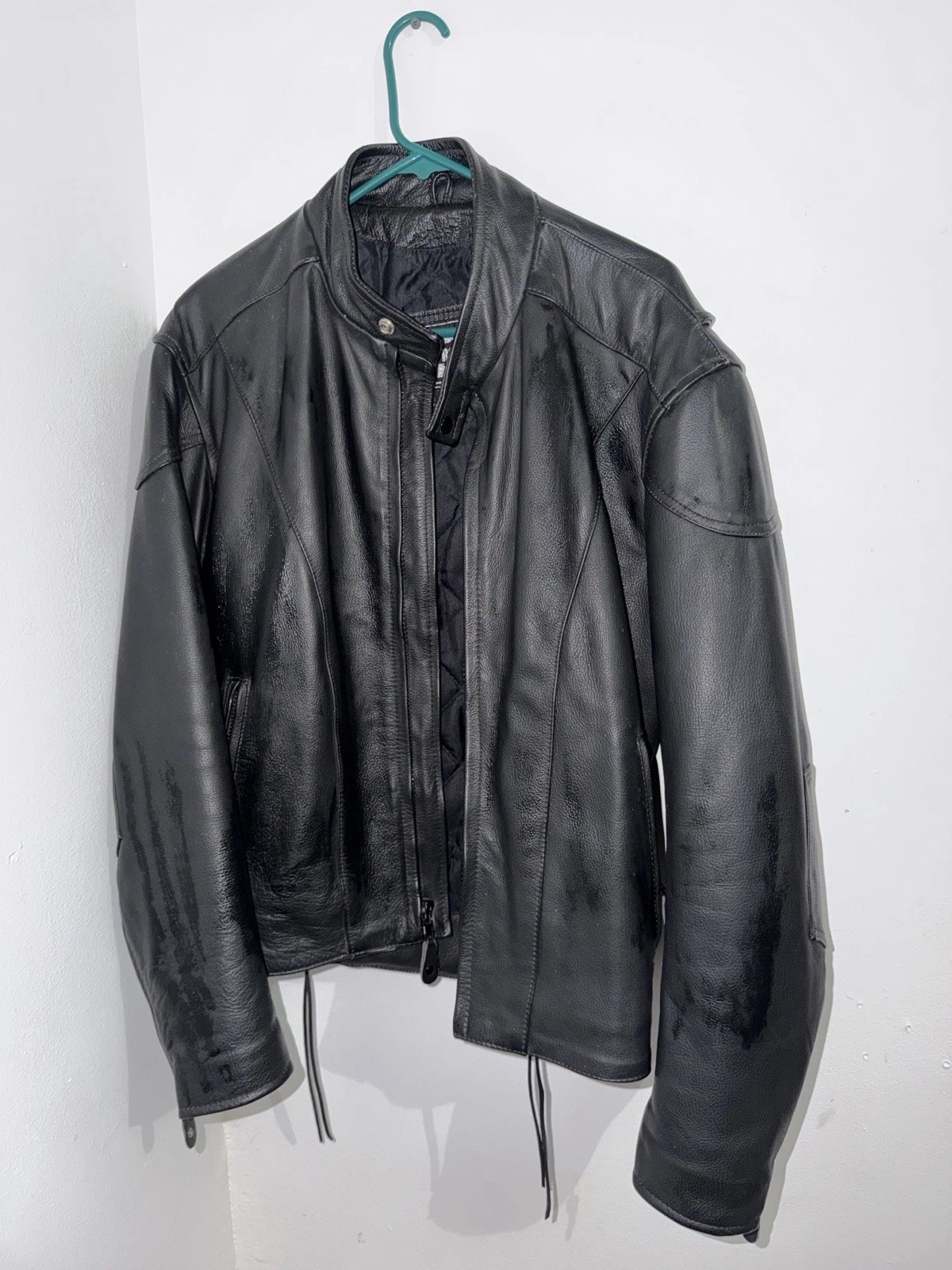 River Road Men's 44 Black Leather Motorcycle Biker Jacket Quilted Lined Lace Up image 1