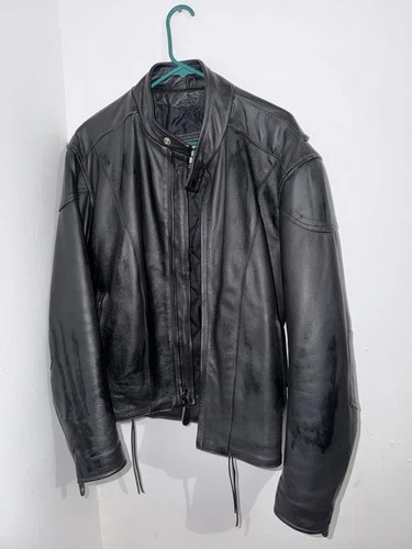 River Road Men's 44 Black Leather Motorcycle Biker Jacket Quilted Lined Lace Up - product listing photo