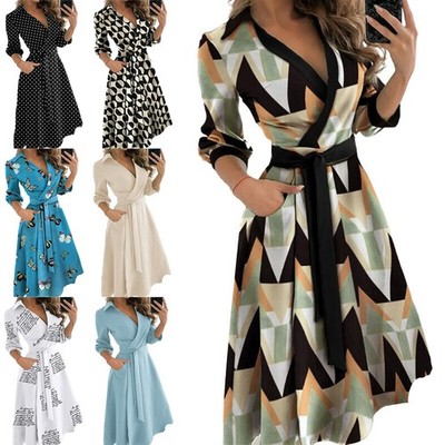Damen 3/4Ärmel Wrap Elegante Hohe Taille Langekleid Lapel Casual Krawatte Gürtel