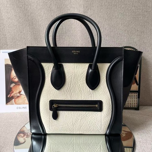 Celine Luggage Black White Bicolor Leather Tote Handbag Auth euc
