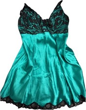 Fredericks Hollywood NightGown Baby Doll Green Satin M Lace Slip Gown UW Bra Top