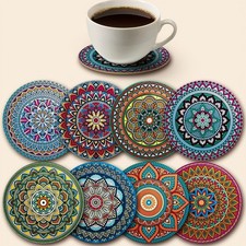 8pcs Wooden Mandala Coasters Set - Holiday/Party Essential for Bar, Office, Home