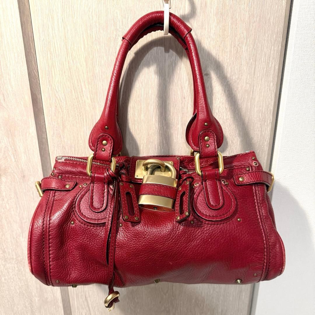Chloe Paddington Red Shoulder Bag Handbag 2way Leather Padlock Key Auth Good