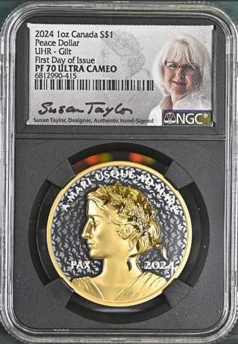 2024 CANADA Peace Dollar UHR 1 Oz Silver Proof Gilded FDOI First Day NGC PF70