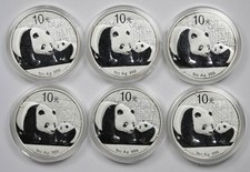 Lot of 6 Rounds 2011 China Panda 10 Yuan .999 Fine Silver 1 oz each