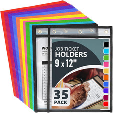35 Pack Job Ticket Holders 9X12 Inch - Colored Work Order Plastic Sleeves - Shop