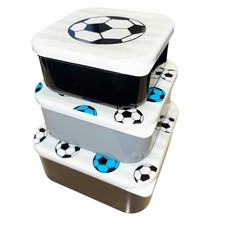Boys Set of 3 Stackable Lunchboxes Snack Pots Back to School - Black Football