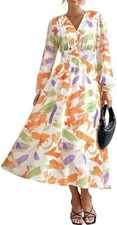 PRETTYGARDEN Women's S 4-6 Floral Midi Dress Casual Fall V Neck Long Sleeve