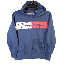 Tommy Hilfiger Hoodie Boys Size L 16-18 Navy Blue Fair Colorblock Script Logo