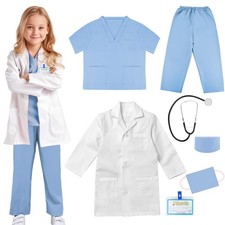 COTATERO Doctor Scrubs Costume for Kids with Stethoscope Lab Coat Light Blue