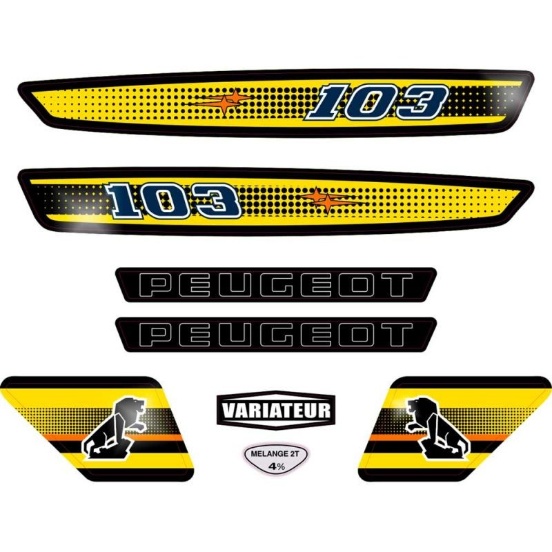Stickers Peugeot 103 SP jaune : kit déco de rechange pour carrosserie et réservoir mobylette