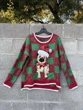 Ugly Christmas Sweater 33 Degrees Pug Dog Appliqué Women XXL Holidays Green Red