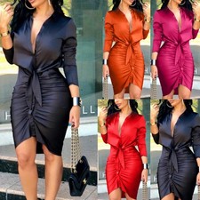 Women Lace-up Solid Color Long Sleeve Midi Dr...