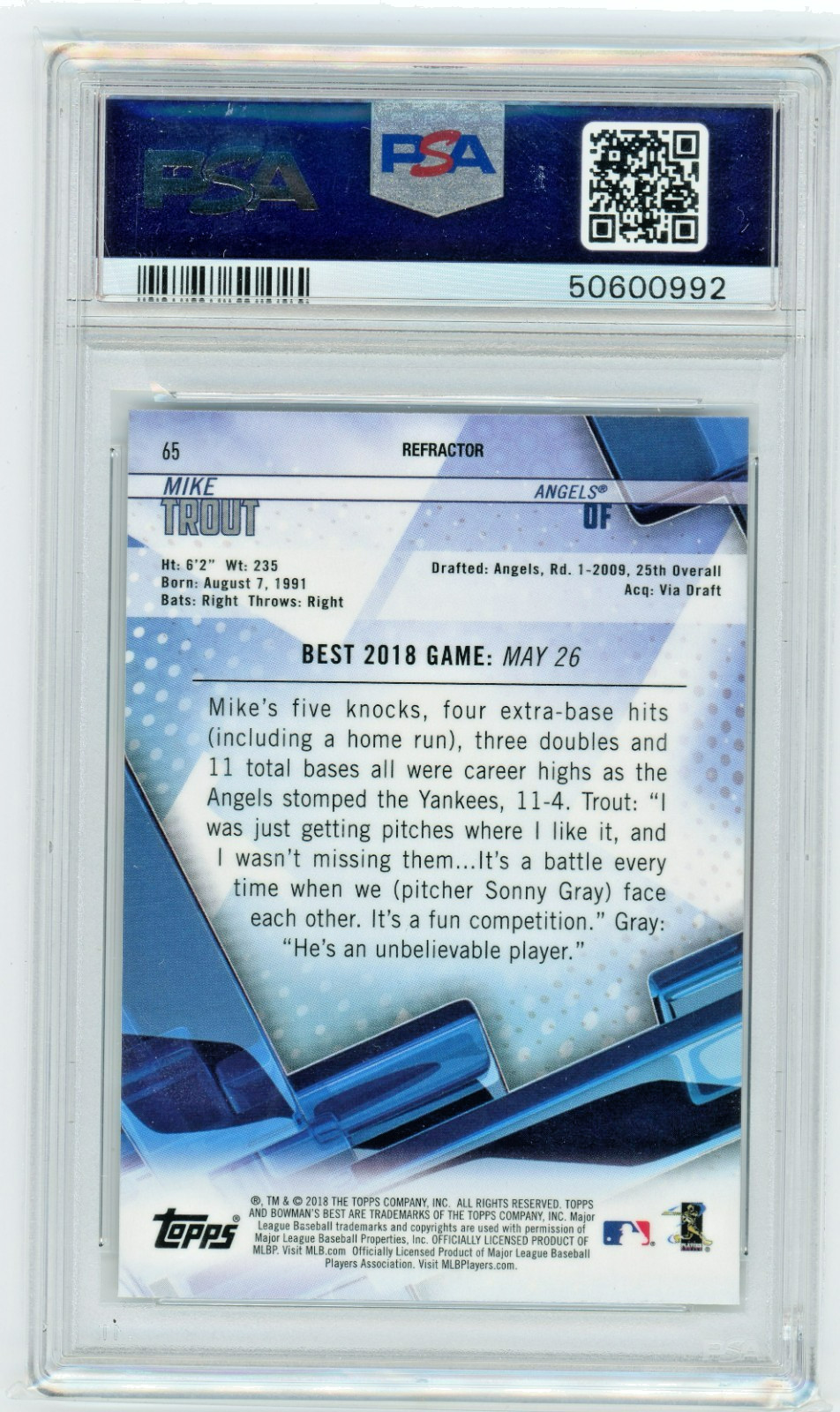 2018 Mike Trout  Bowman's Best Refractor #65 PSA 10 view 2
