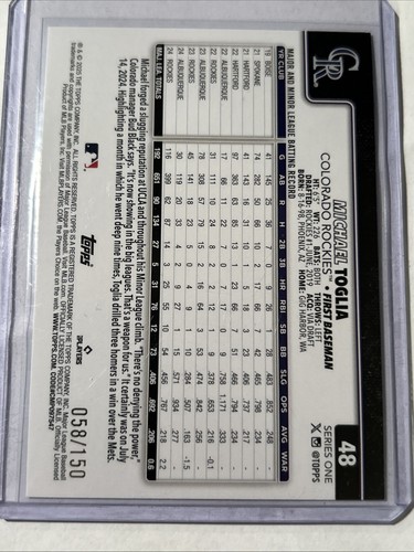 2025 Topps Serie 1 Lámina Azul #48 Michael Toglia 58/150 - Imagen 2 de 2