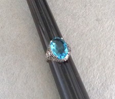 New Silvertone Aqua Blue Oval Faceted Crystal Solitaire Ring Size 9.25