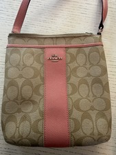Coach Signature Logo Beige Pink Zip Shoulder Bag Pink Strap Silver Hardware