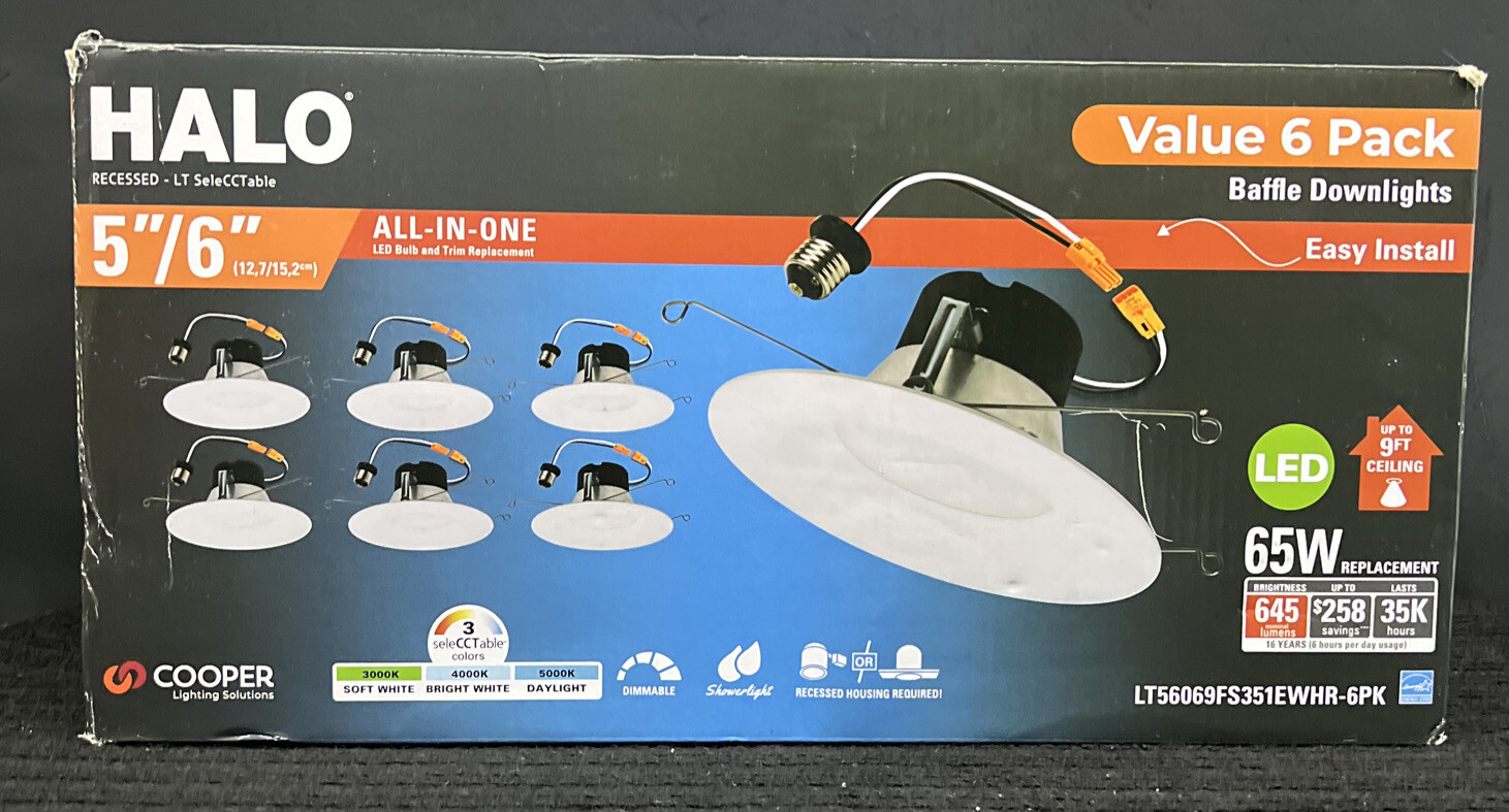Open box HALO LT56 6Pk. 5"/ 6" Selectable CCT Integrated LED Downlights