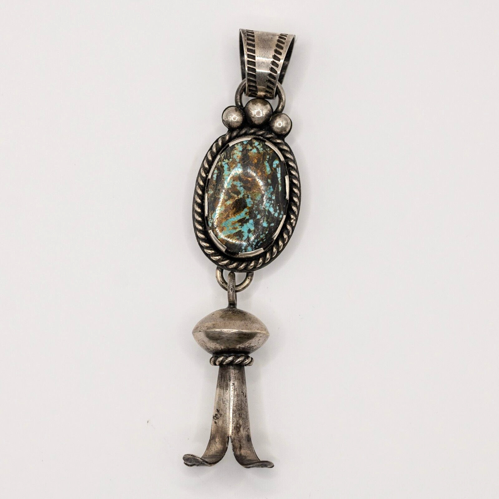 Large Blackjack Turquoise Silver Squash Blossom P… - image 3