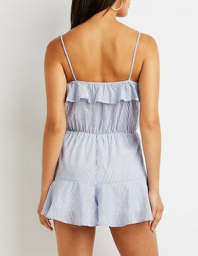Womens CHARLOTTE RUSSE Blue White Striped Cotton Ruffled Romper Size Medium NEW - Picture 3 of 12