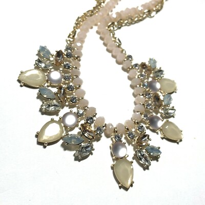VTG STYLE LOFT Ann Taylor PINK CRYSTAL BEAD Bib NECKLACE Gold Chain CHAMPAGNE 
