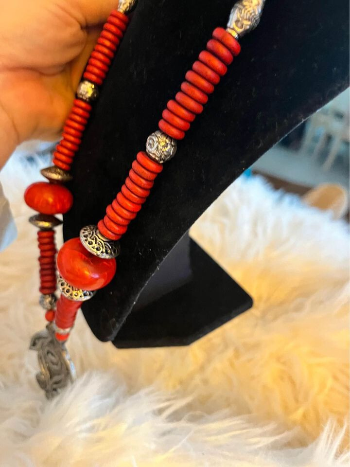 Burnt Orange/Red Tone Silver Statement Necklace w… - image 4