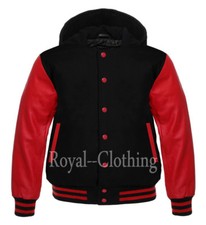 Varsity Letterman baseball Black Wool and Red Genuine leather Sleeves Hoodie