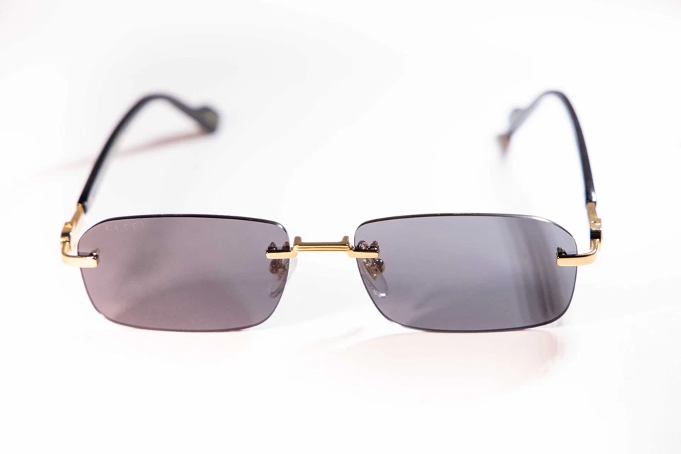 Gucci GG1221S 001 Gold-Black/Grey Rectangular Narrow Rimless Men's Sunglasses - Image 4 of 4