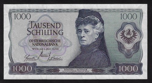 AUSTRIA 1000 Schilling 1966 P147a Bertha Von Suttner AUNC