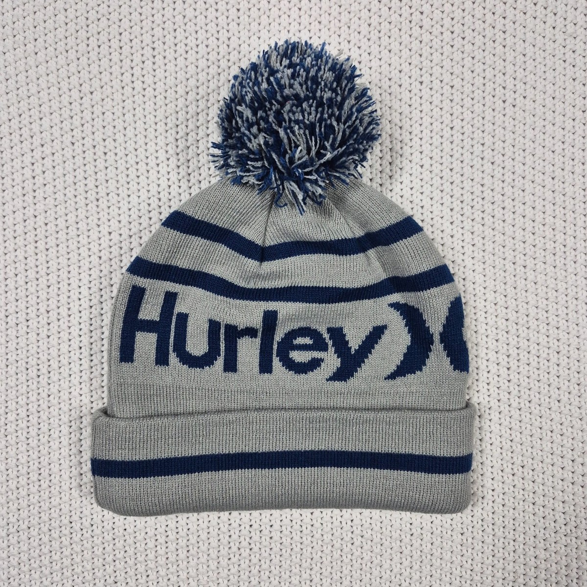 Hurley Ragland Beanie Knit Stocking Hat w/ Pom Blue & Gray