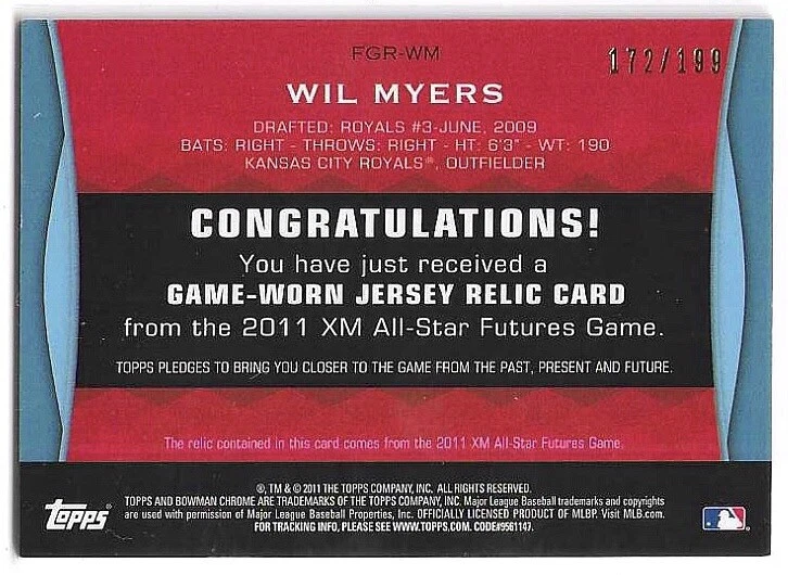 2011 BOWMAN WIL MYERS XM ALL-STAR FUTURES GAME-WORN JERSEY RELIC #FGR-WM 172/199 - Image 2 of 2