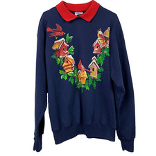Vintage Snow Covered Tree Houses Cardinal Turtleneck Sweatshirt Grandma Medium