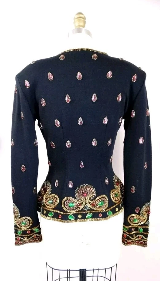 Adrian Vittadini Ornate Jewel Beaded Fitted Jacket / Couture Jeweled Evening Top - Image 4 of 4
