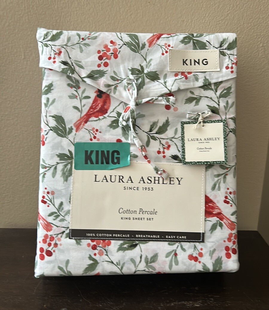 4pc Laura Ashley Christmas Red Cardinal Holly Berry King Sheet Set