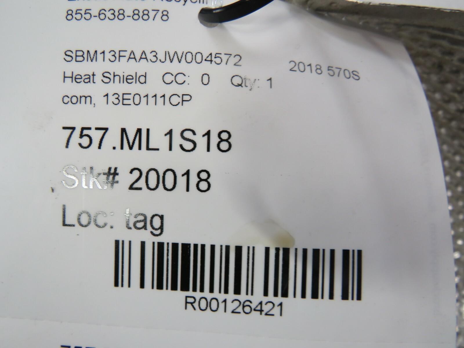 McLaren 570S, Compressor Heat Shield, Used, P/N 13E0111CP