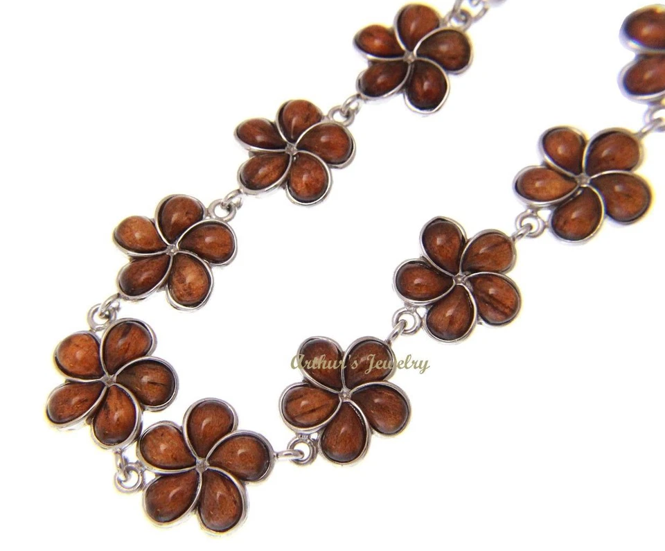 BRAZALETE ESLABÓN FLOR PLUMERIA MADERA KOA HAWAIANO CON INCRUSTACIÓN GENUINA PLATA 925 14 MM Foto 3 de 3